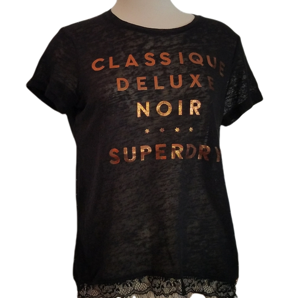 Superdry Graphic Knit Black Tee Lace Trim. Small.